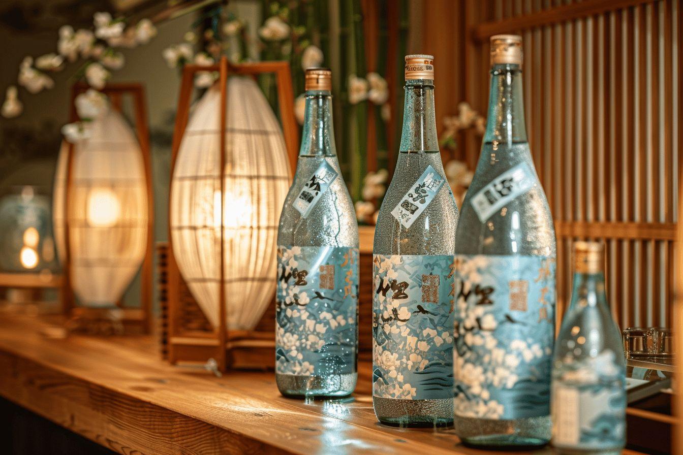 Bouteilles de saké japonais avec des motifs floraux sur un présentoir en bois