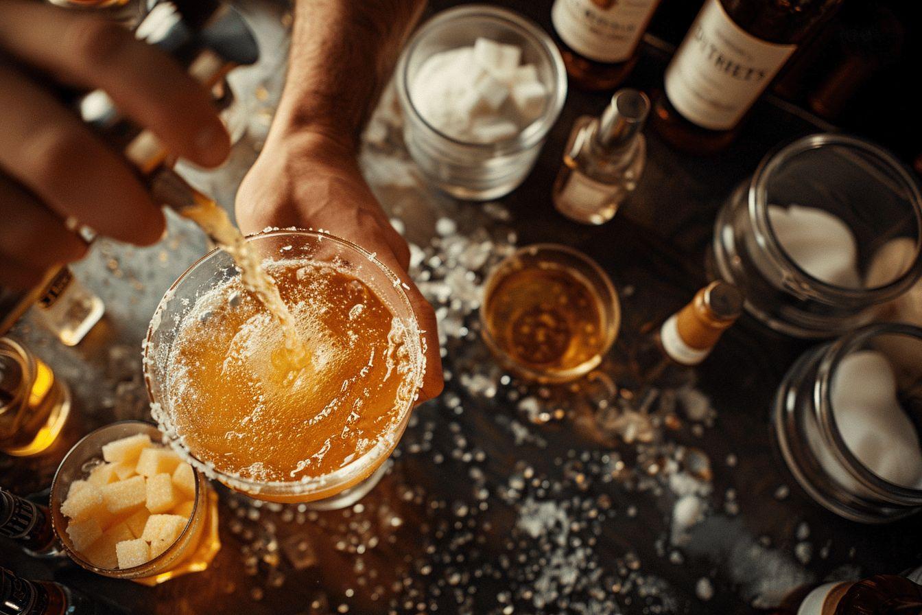 Gros plan sur un cocktail alcoolisé décoré avec des glaçons et des tranches de citron