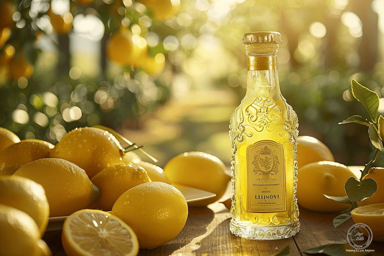 Bouteille de limonade dorée entourée de citrons frais.