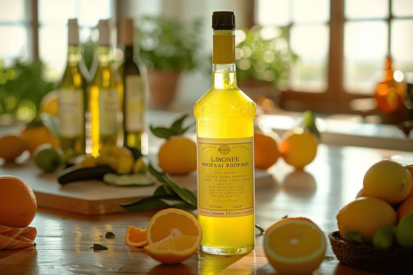 Bouteille d'alcool entourée d'oranges et de citrons frais