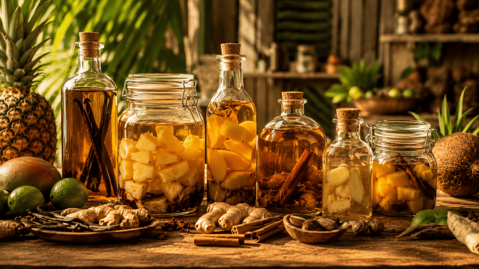 Bouteille de rhum arrangé avec fruits et épices tropicales