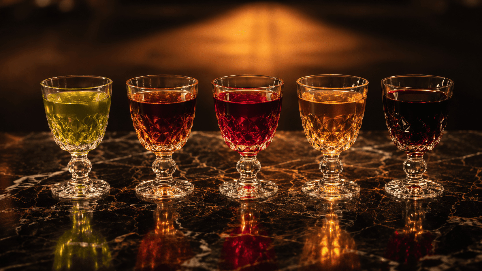 Rangée de bouteilles de liqueurs colorées du monde entier