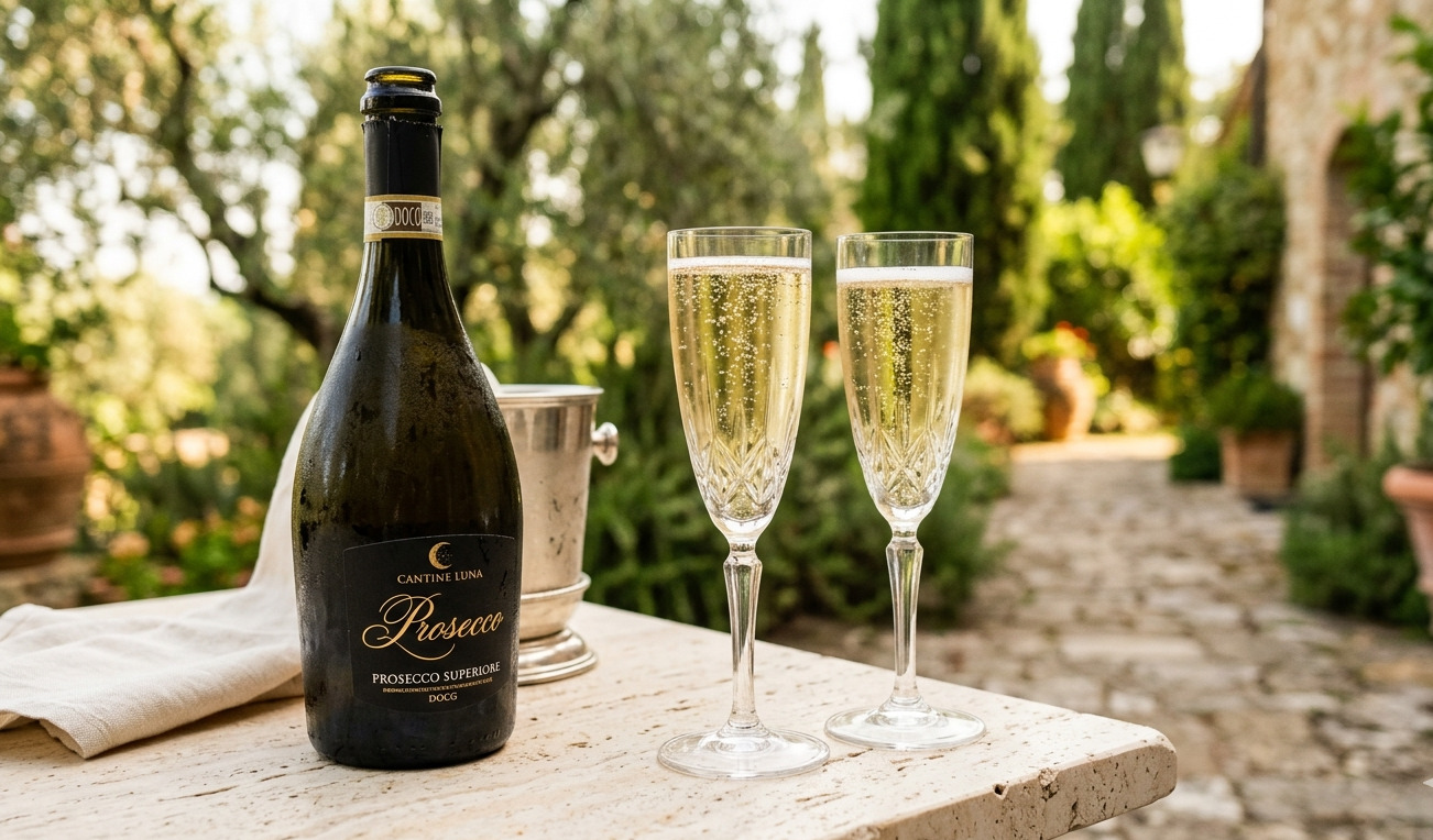 Bouteille de prosecco italien avec coupes et bulles dorées