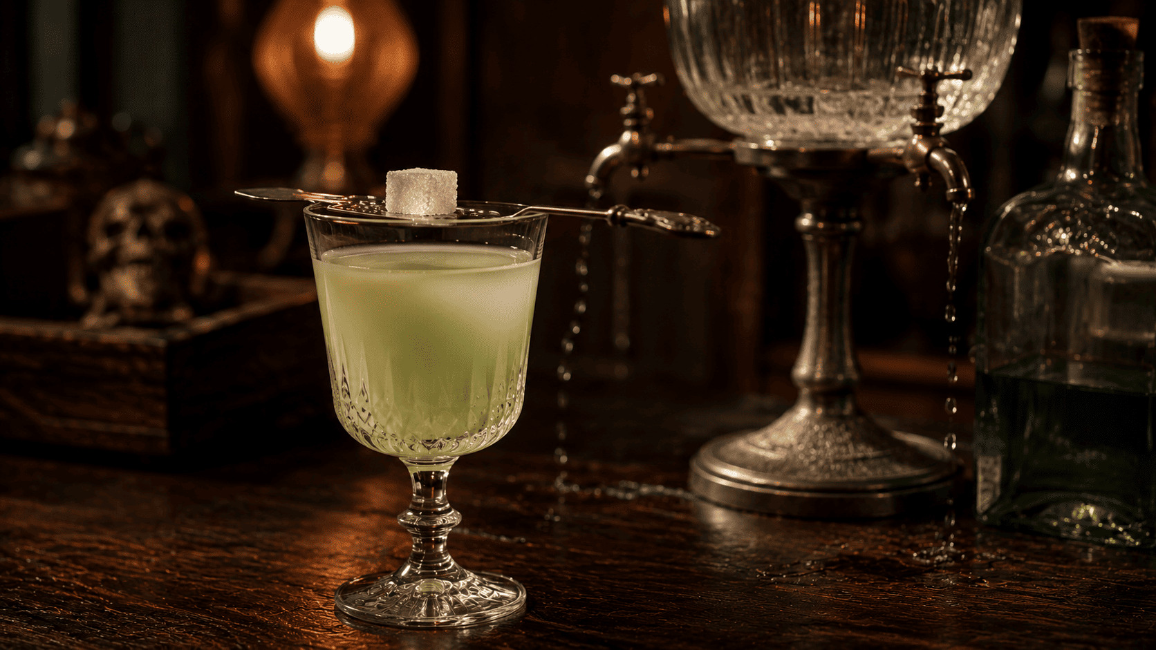Cocktail à base absinthe avec verre cathédrale et herbes