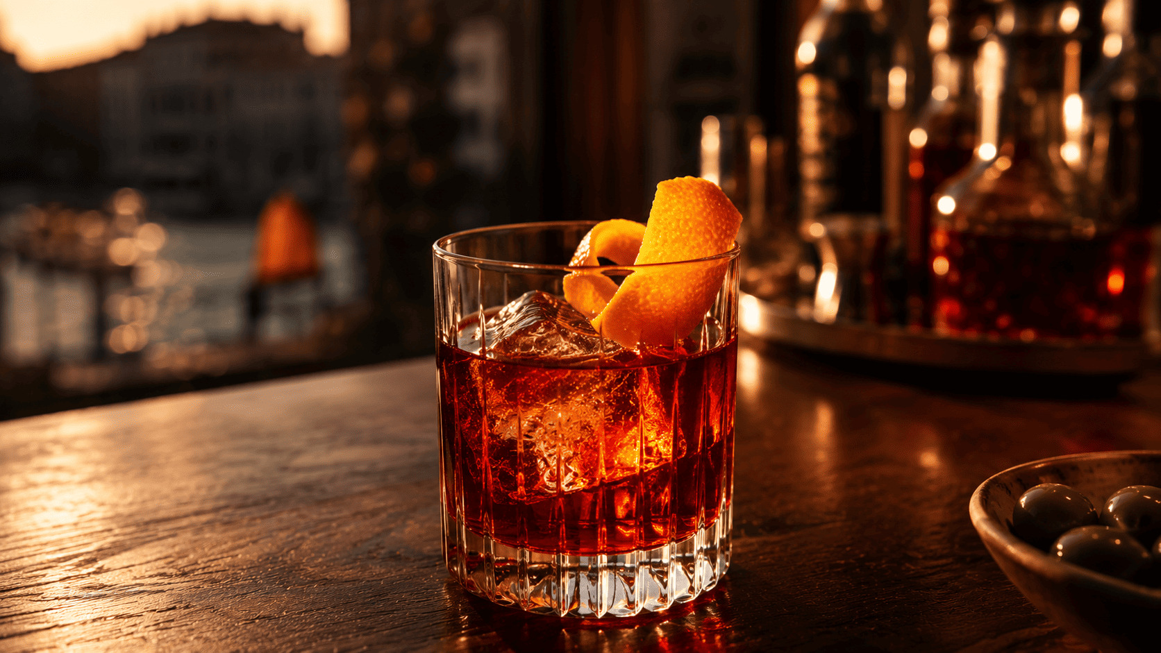 Negroni classique avec tranche orange sur glaçons carrés